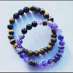 Couples Distance Love Stone Crystal Bead Bracelet Gift Set Tiger Eye Amethyst